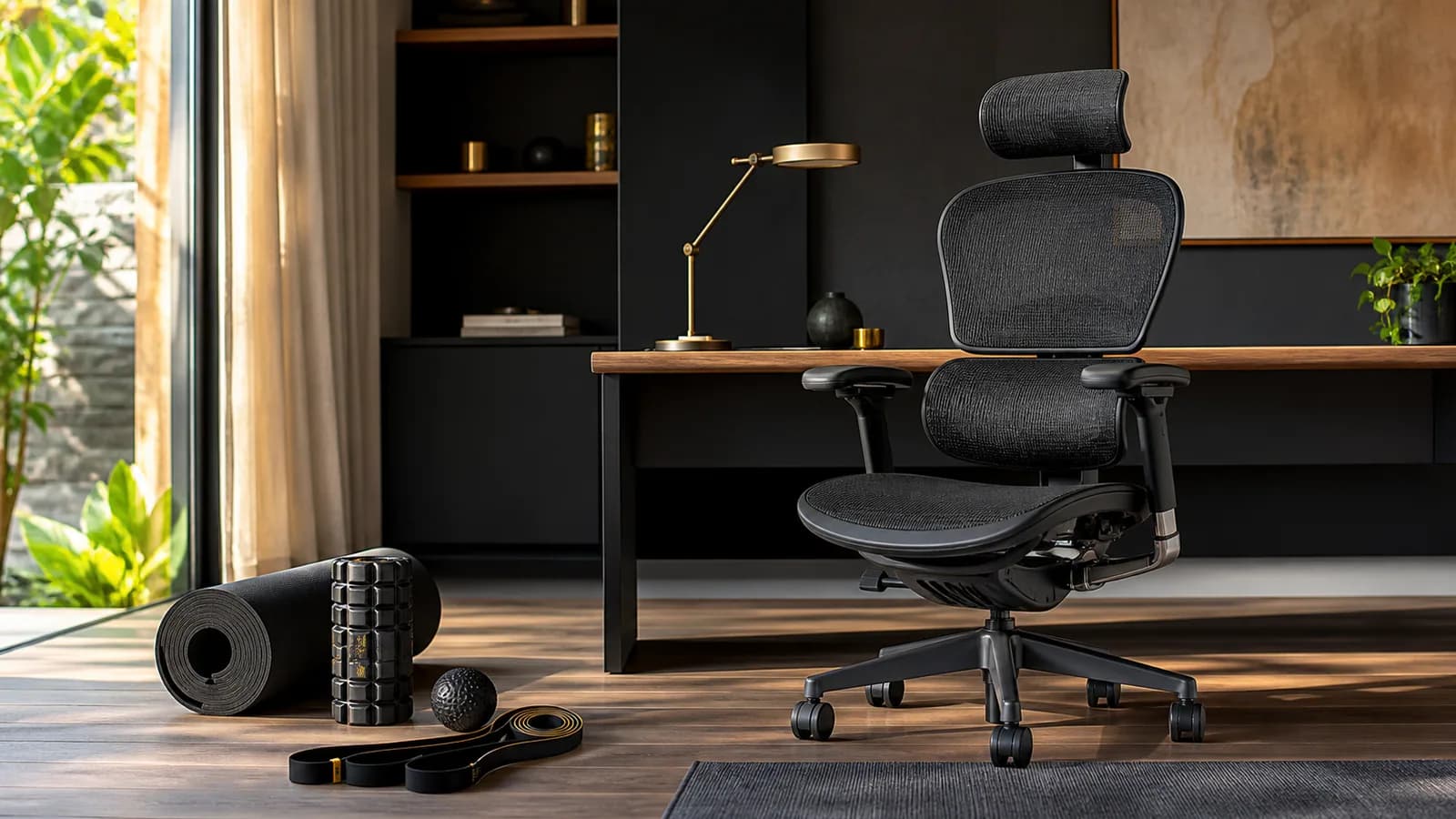 Office chair beside a mat, foam roller, massage ball and resistance bands