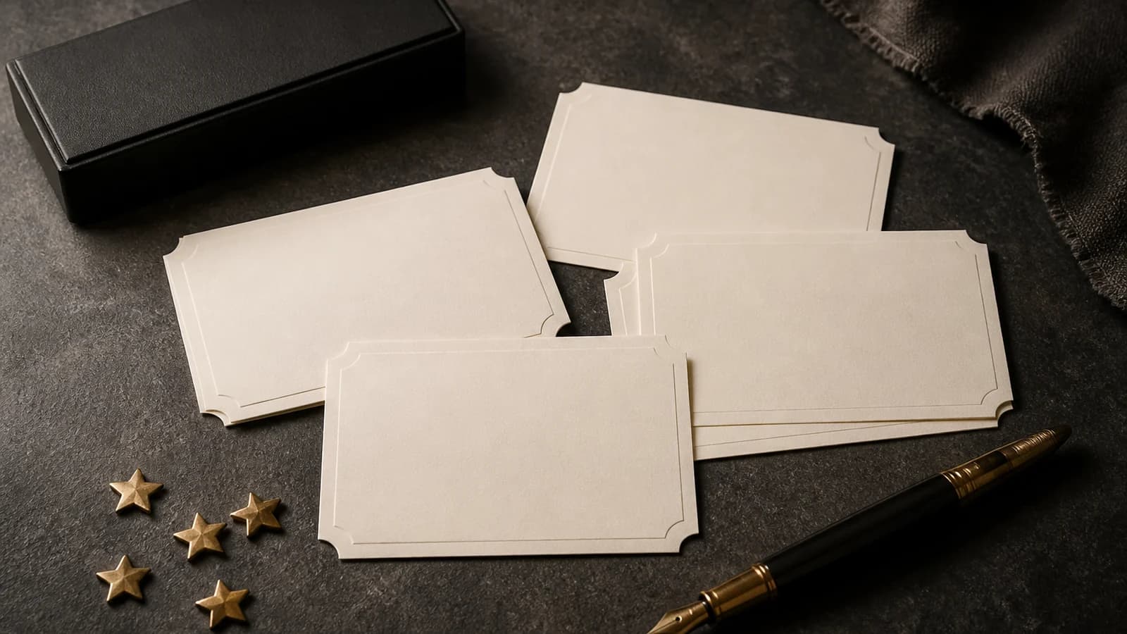 Blank client feedback cards with a fountain pen and five brass star tokens