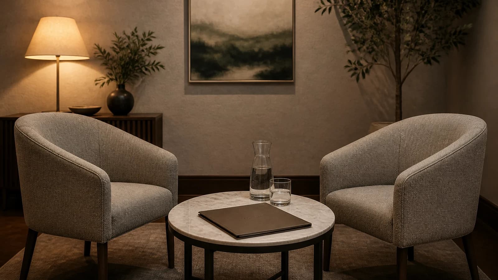 Quiet private consultation room with two empty chairs, an appointment folder and water