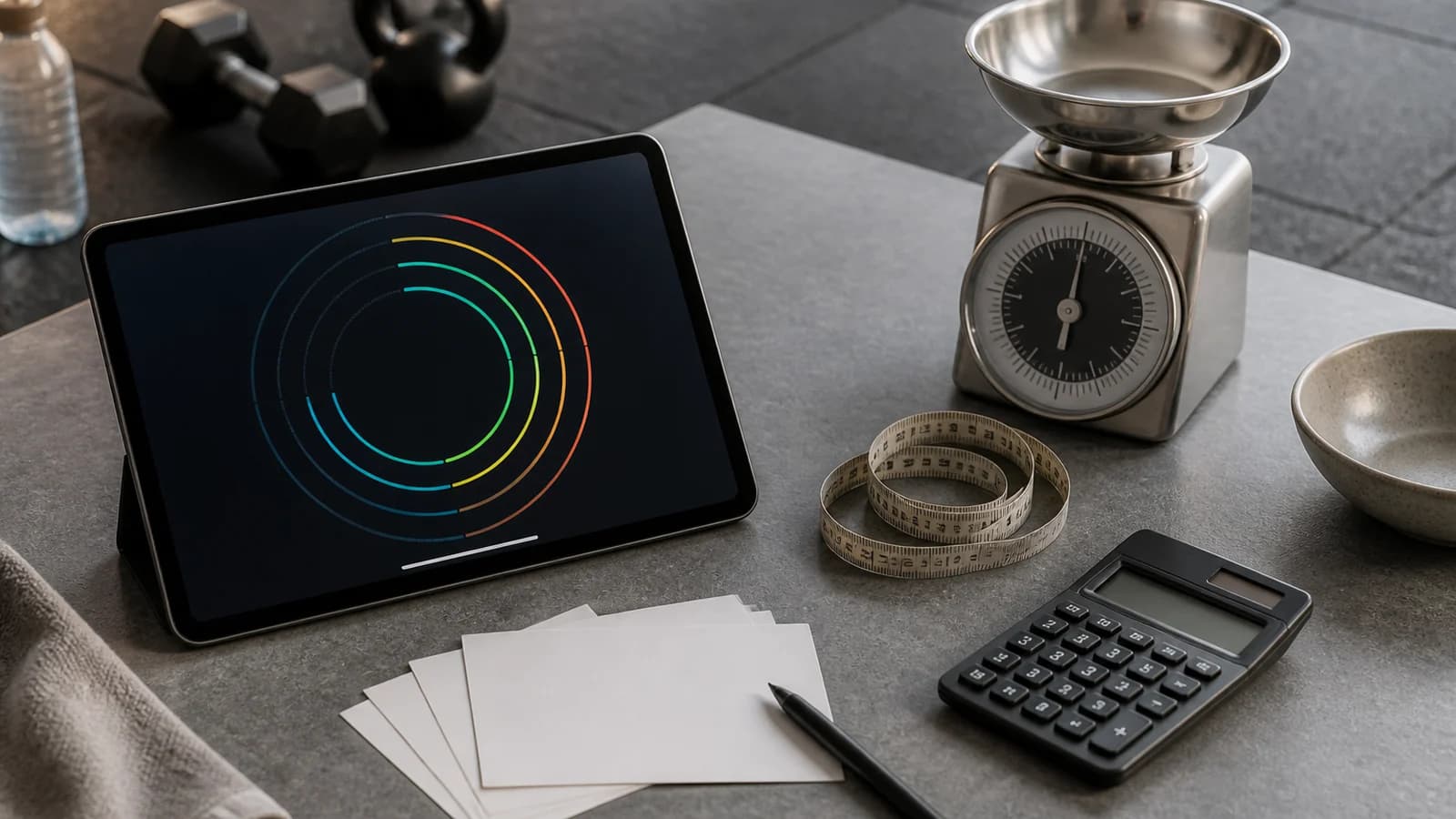 Fitness calculation workspace with a tablet, scale, measuring tape, calculator and planning cards