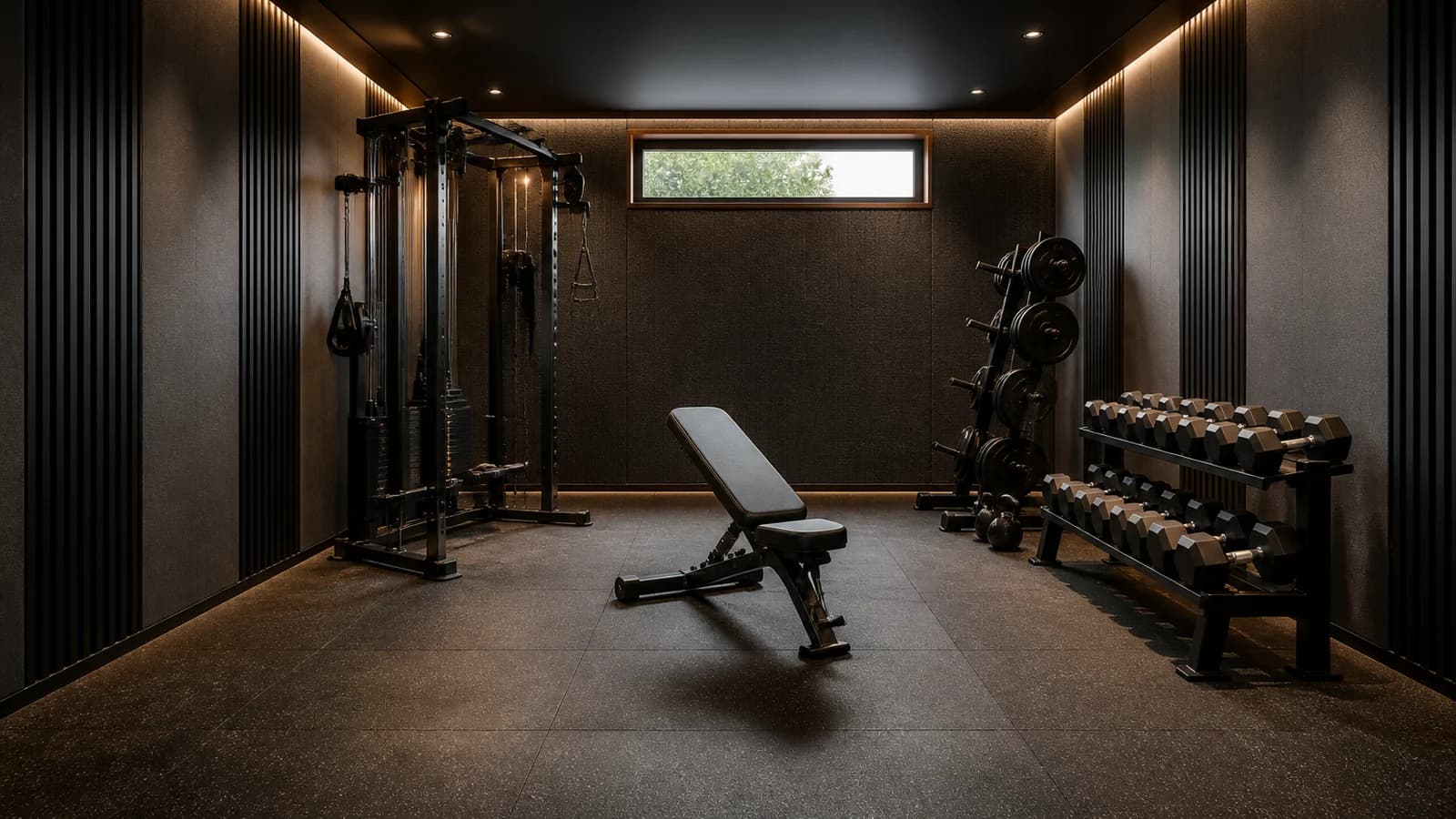 Empty appointment-only private gym with a bench, cable station and free weights in Grand Baie