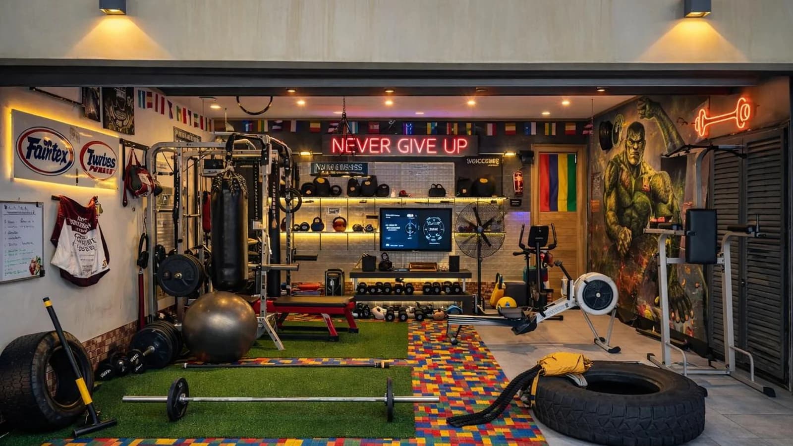 Wide view of the private Fitness Grand Baie studio and its strength-training equipment