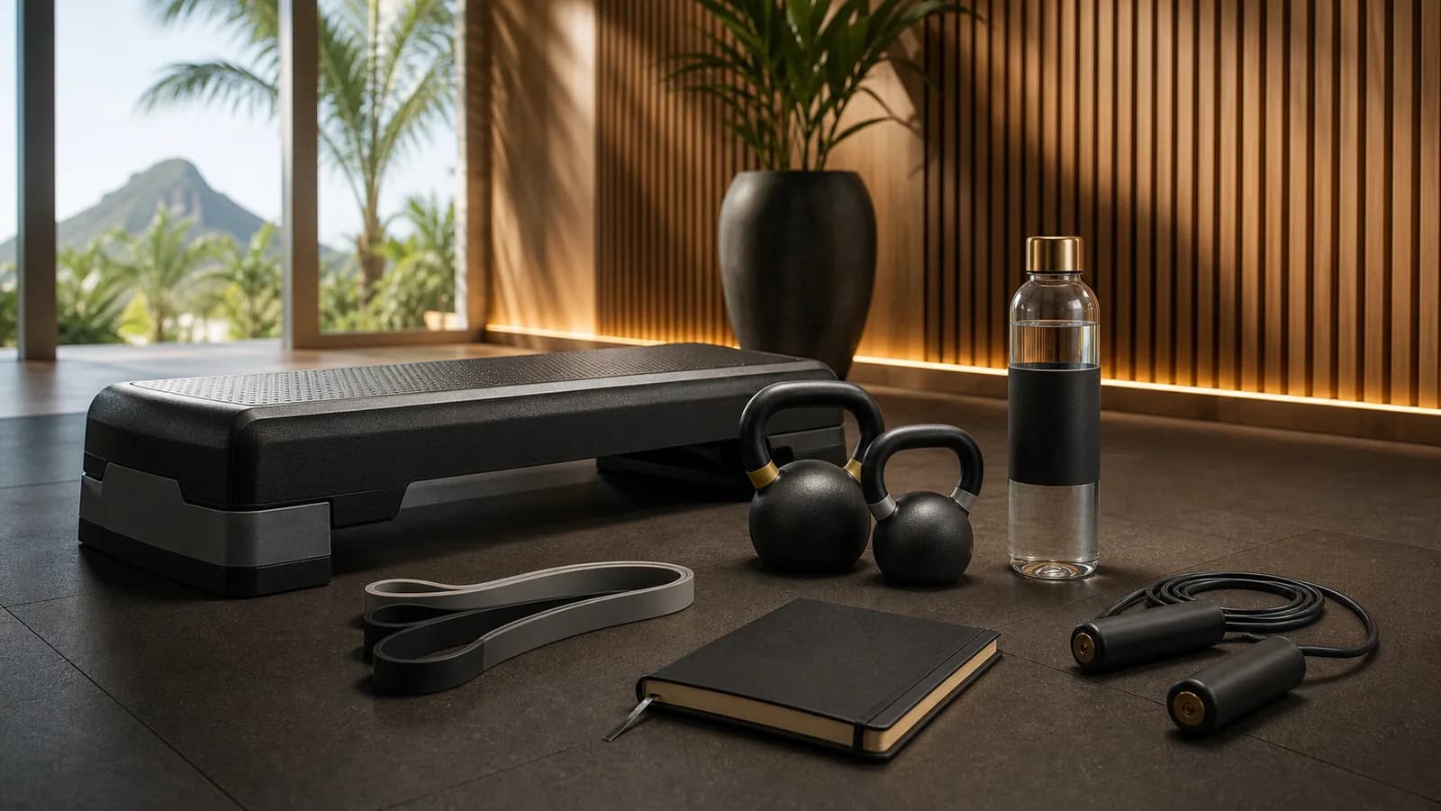 Step platform, kettlebells, resistance bands and training notebook in a calm Mauritius gym