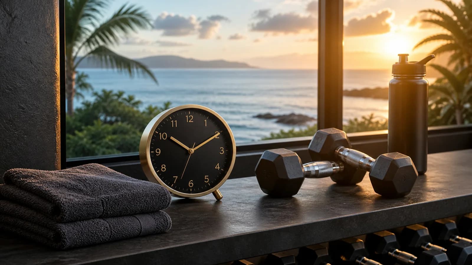 Clock, dumbbells, towel and water bottle in warm Mauritius morning light