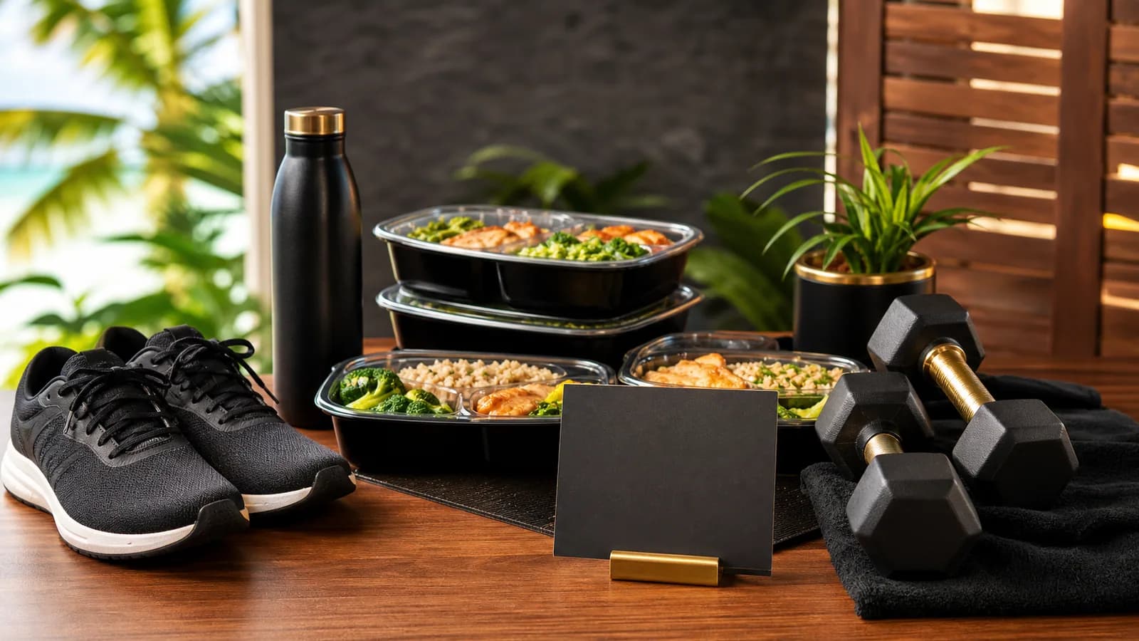 Meal-prep containers, walking shoes and compact weights prepared for a busy week