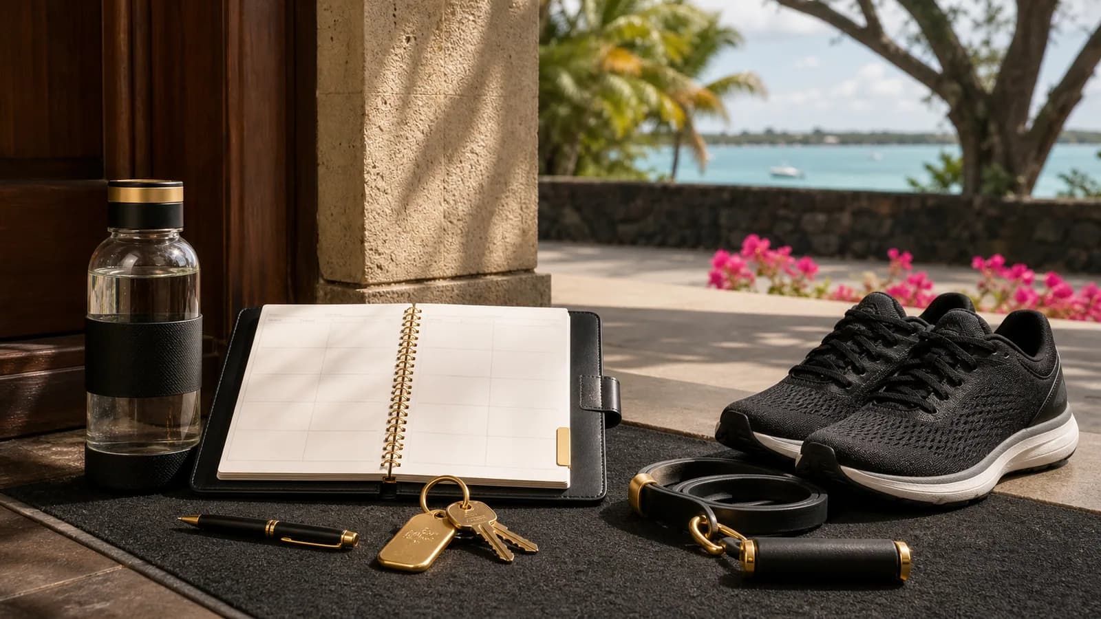 Keys, weekly planner, training shoes and resistance band prepared by the door
