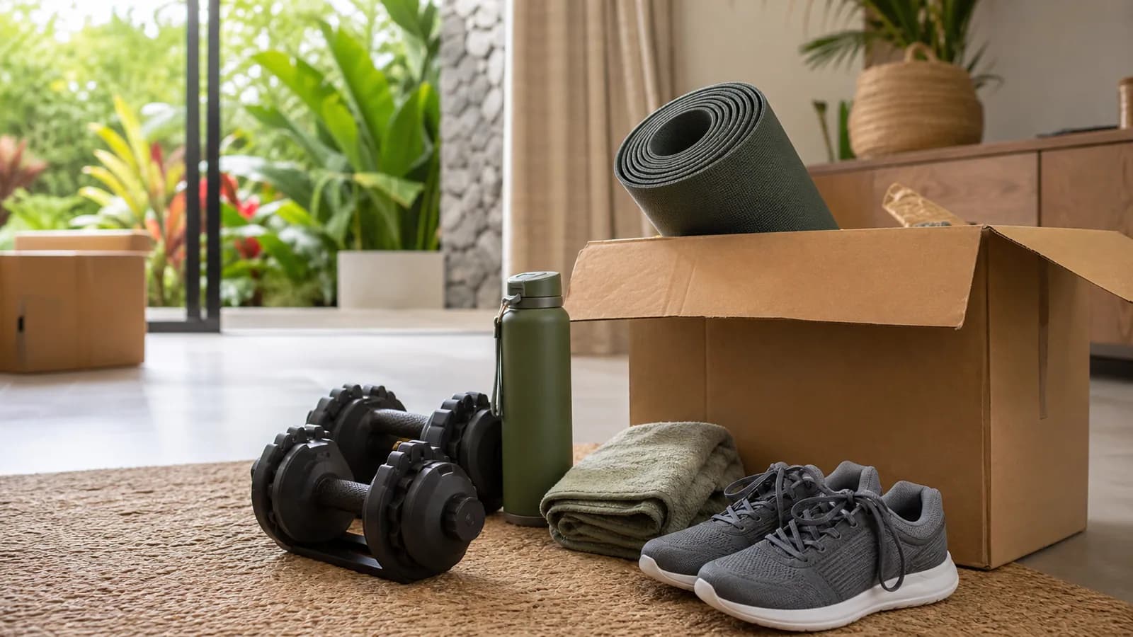 Moving boxes, exercise mat, dumbbells and trainers in a Mauritius home
