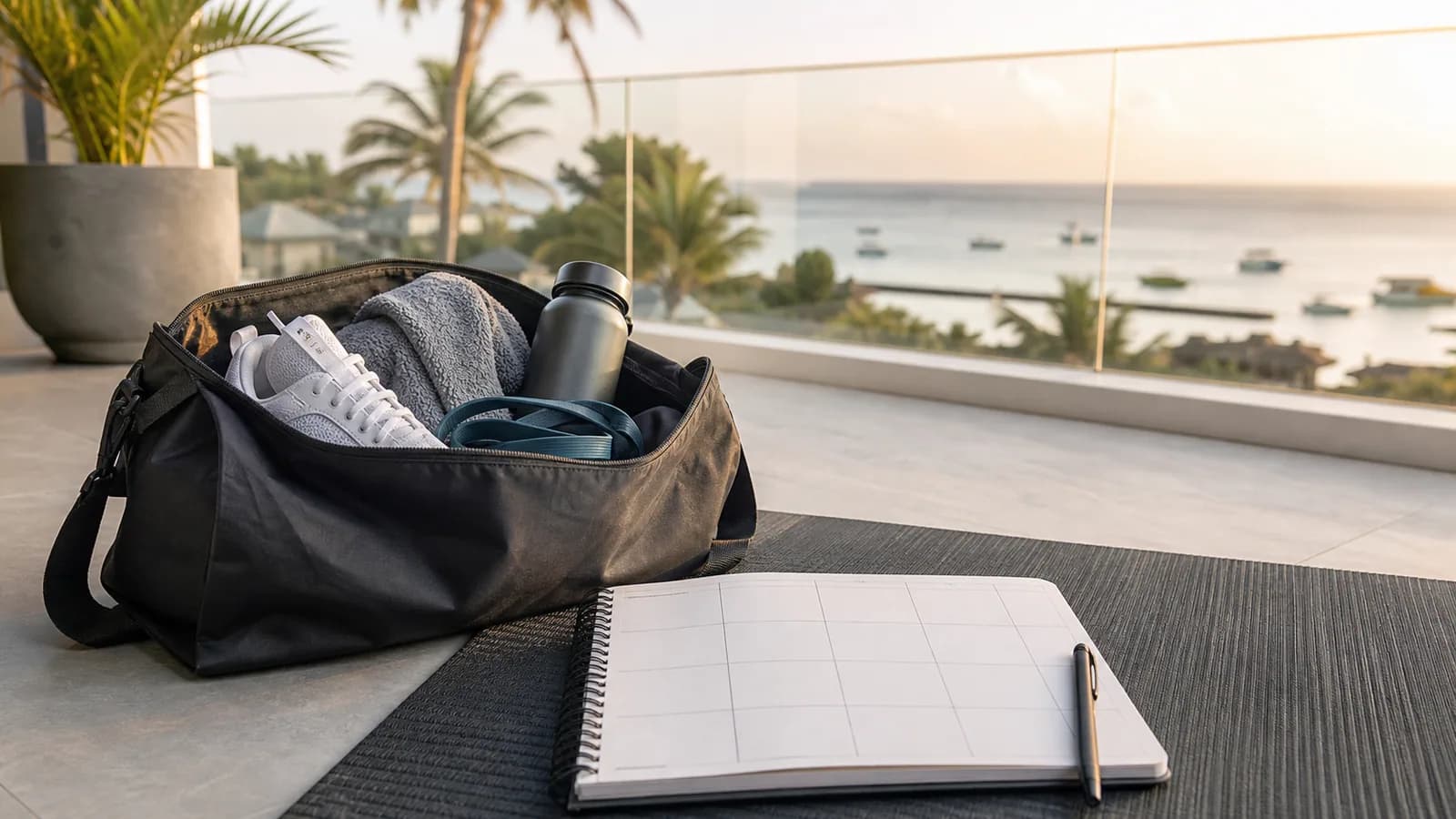 Packed gym bag and weekly planner overlooking the Grand Baie coast