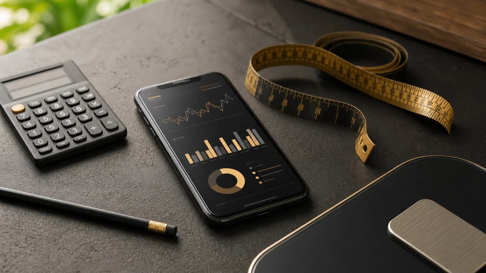 Phone with an abstract fitness chart beside a calculator, scale and measuring tape