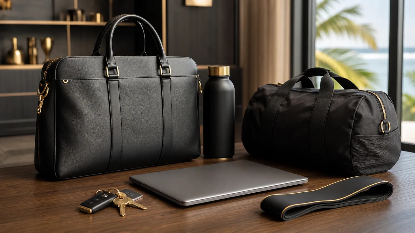 Sac de travail, ordinateur fermé et kit de sport compact pour un emploi du temps chargé