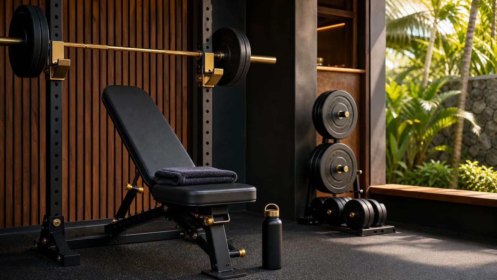 Immaculate private training station with bench, rack, towel and water