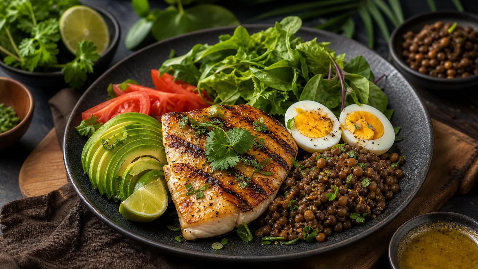 Mauritian high-protein meal with fish, lentils, eggs and fresh vegetables