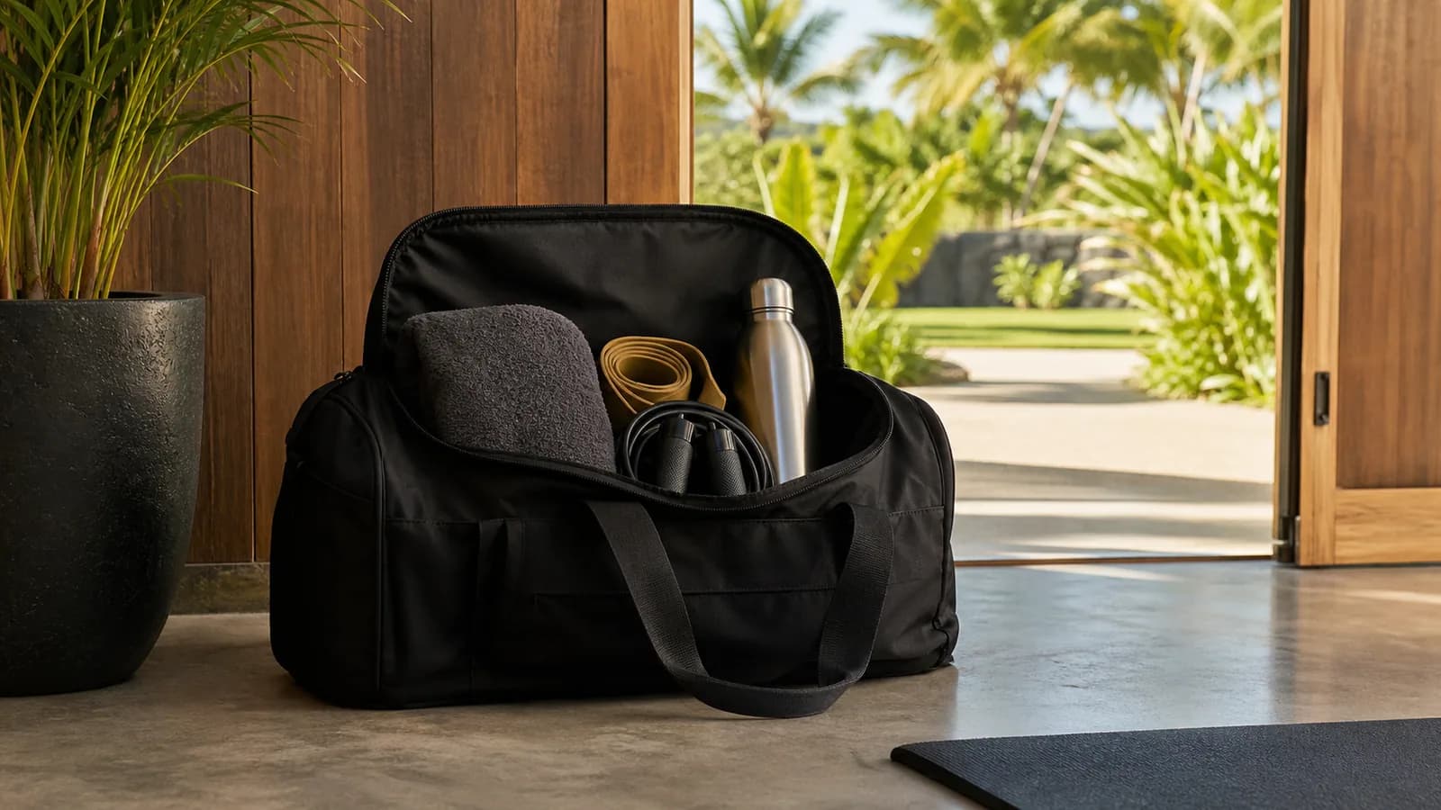 Sac de sport avec l’essentiel pour s’entraîner près d’une entrée à Grand Baie