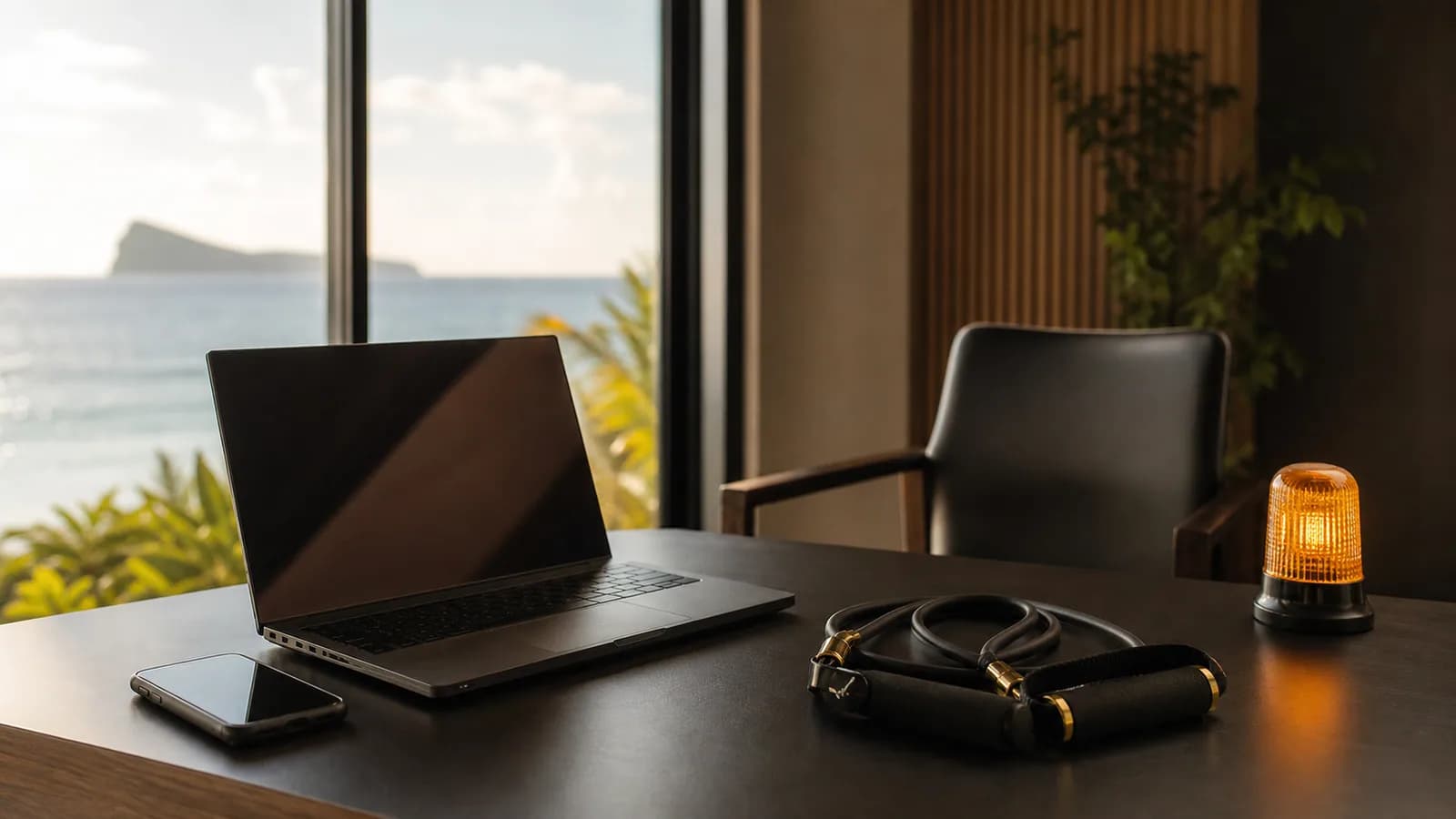 Minimal remote coaching workspace with laptop, phone and resistance band