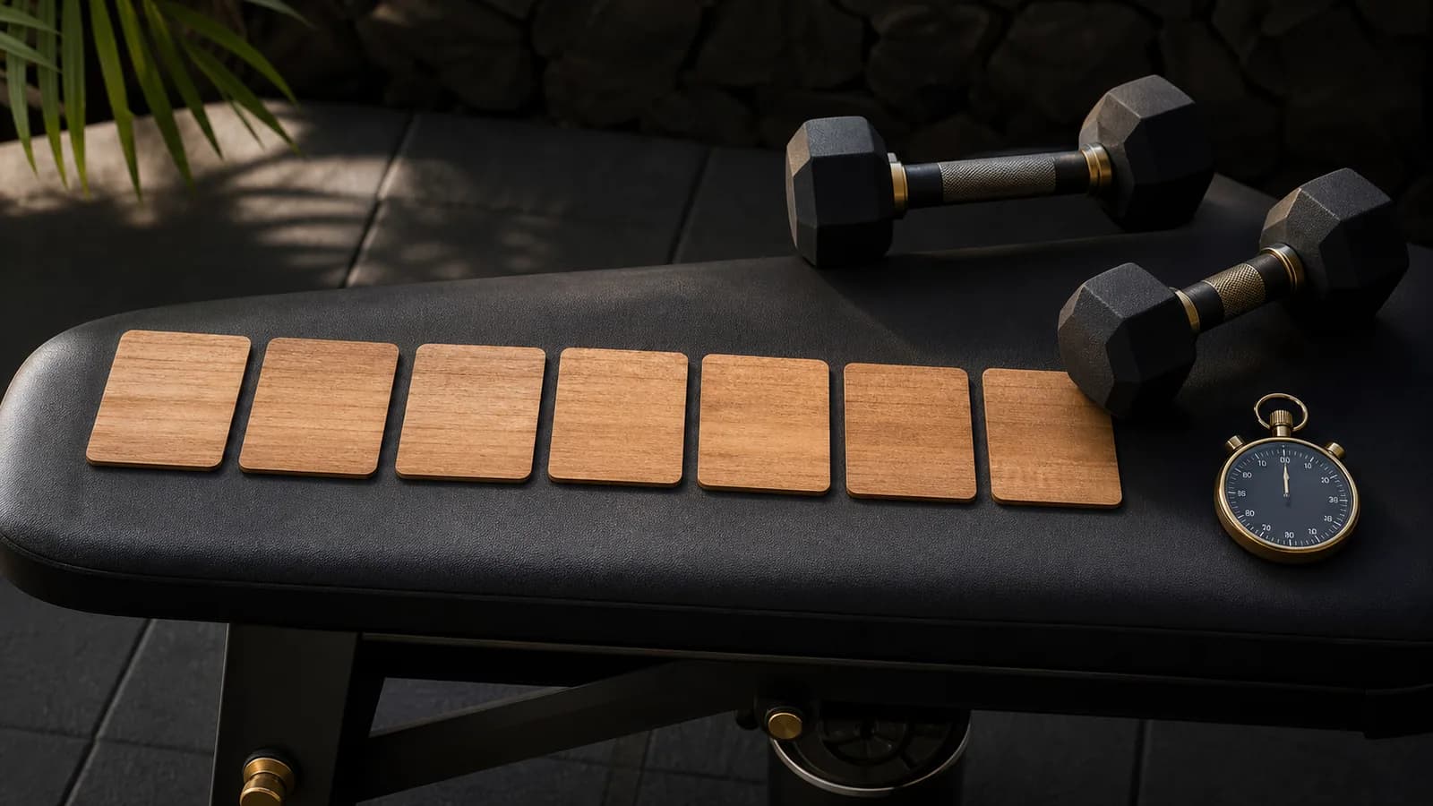 Blank weekly calendar tiles, dumbbells and stopwatch on a gym bench