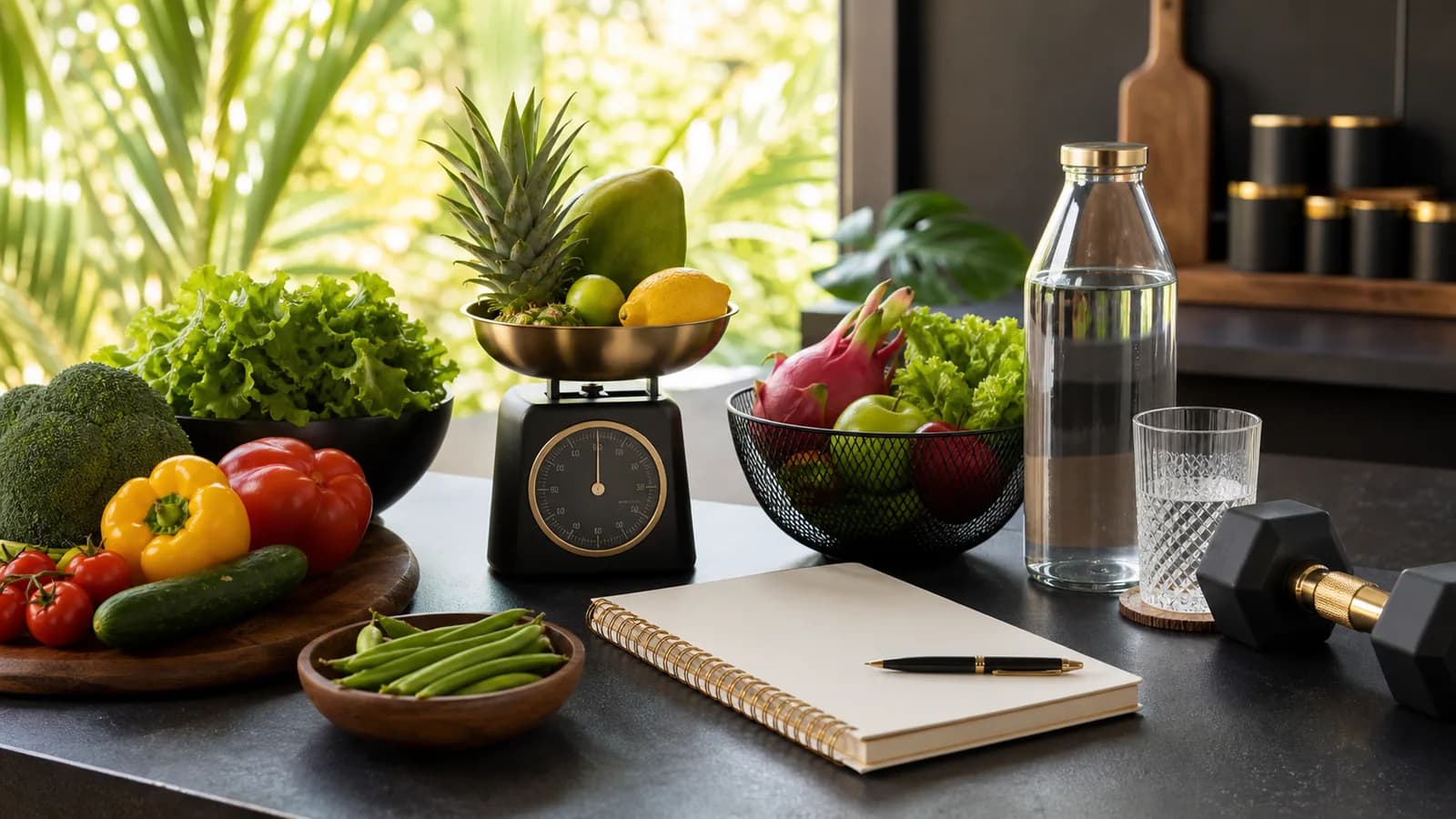 Fresh produce, kitchen scale, meal journal and dumbbell on a dark counter