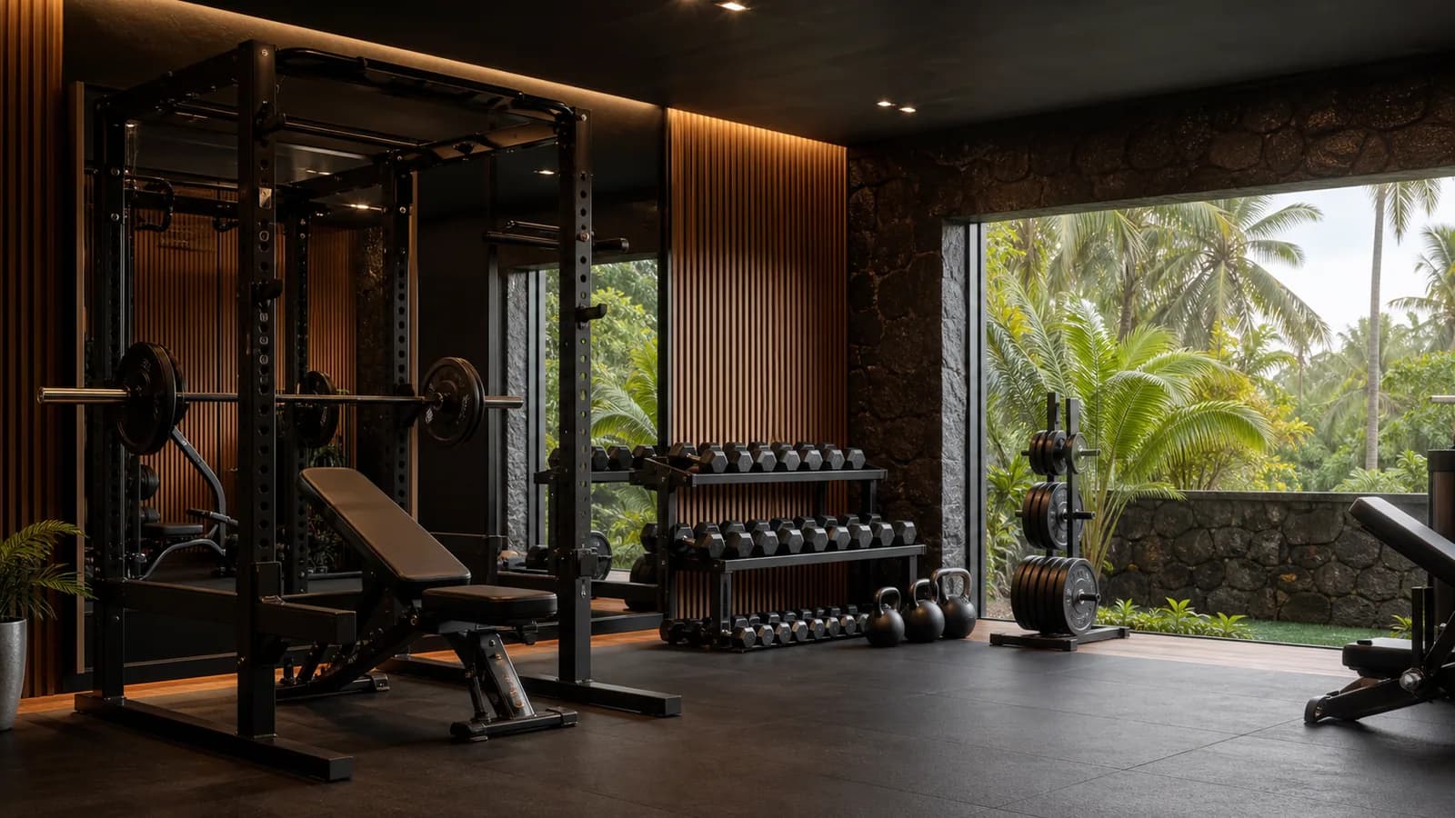 Quiet appointment-only gym with polished rack, bench and free weights
