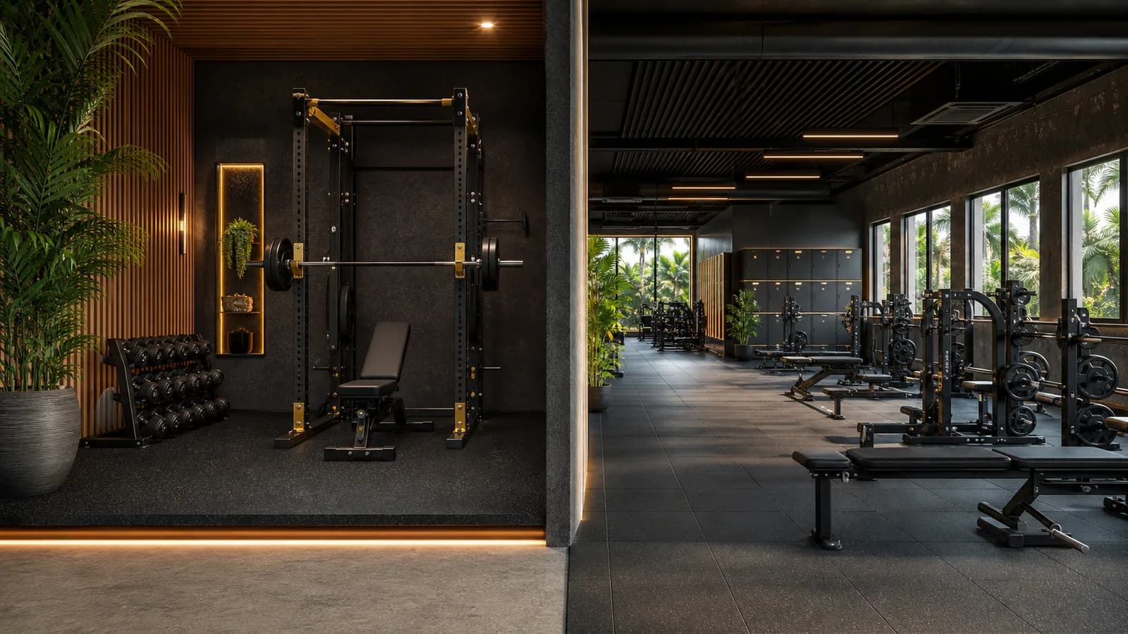 Calm private training bay contrasted with a larger multi-station gym layout