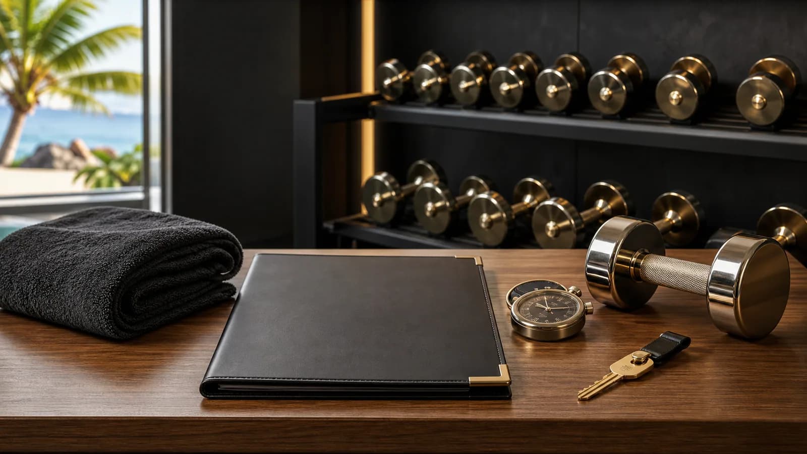 Training plan folder, stopwatch, locker key and dumbbells in a private gym
