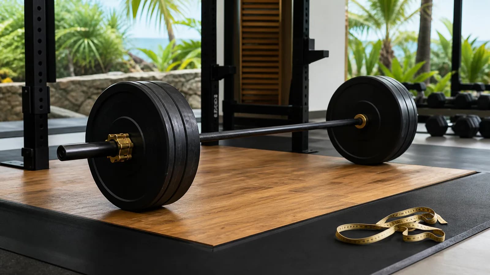 Loaded barbell and measuring tape in a premium Mauritius strength gym