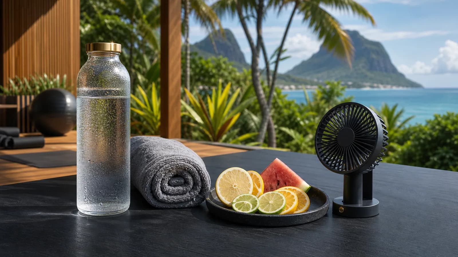 Cold water bottle, towel and hydration essentials in tropical Mauritius heat