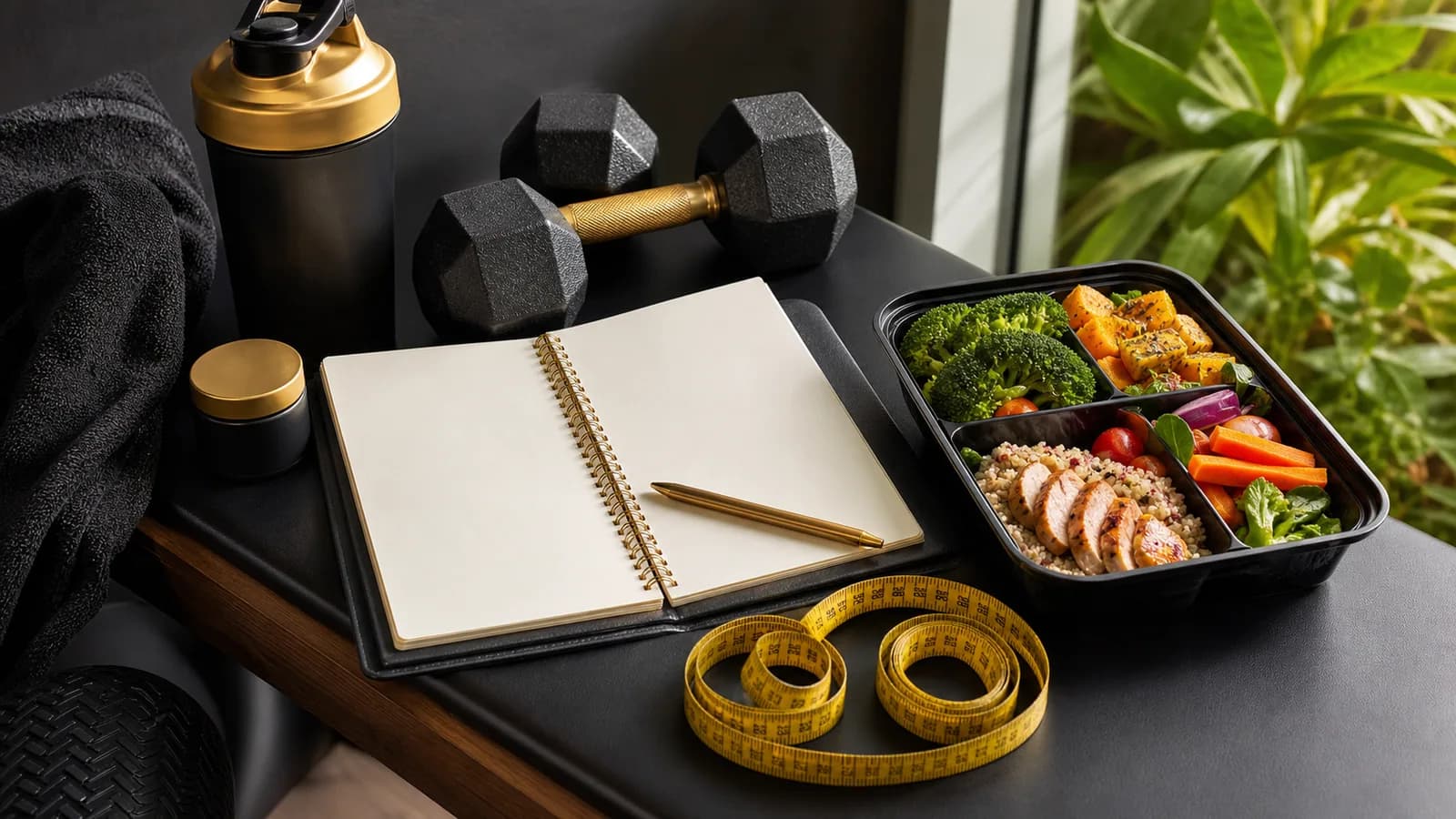 Journal de progrès, mètre ruban, haltères et préparation d’un repas équilibré