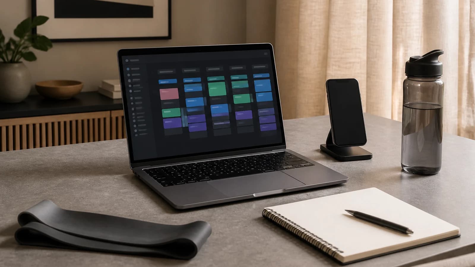 Online coaching workspace with a laptop, blank notebook, phone stand and resistance band