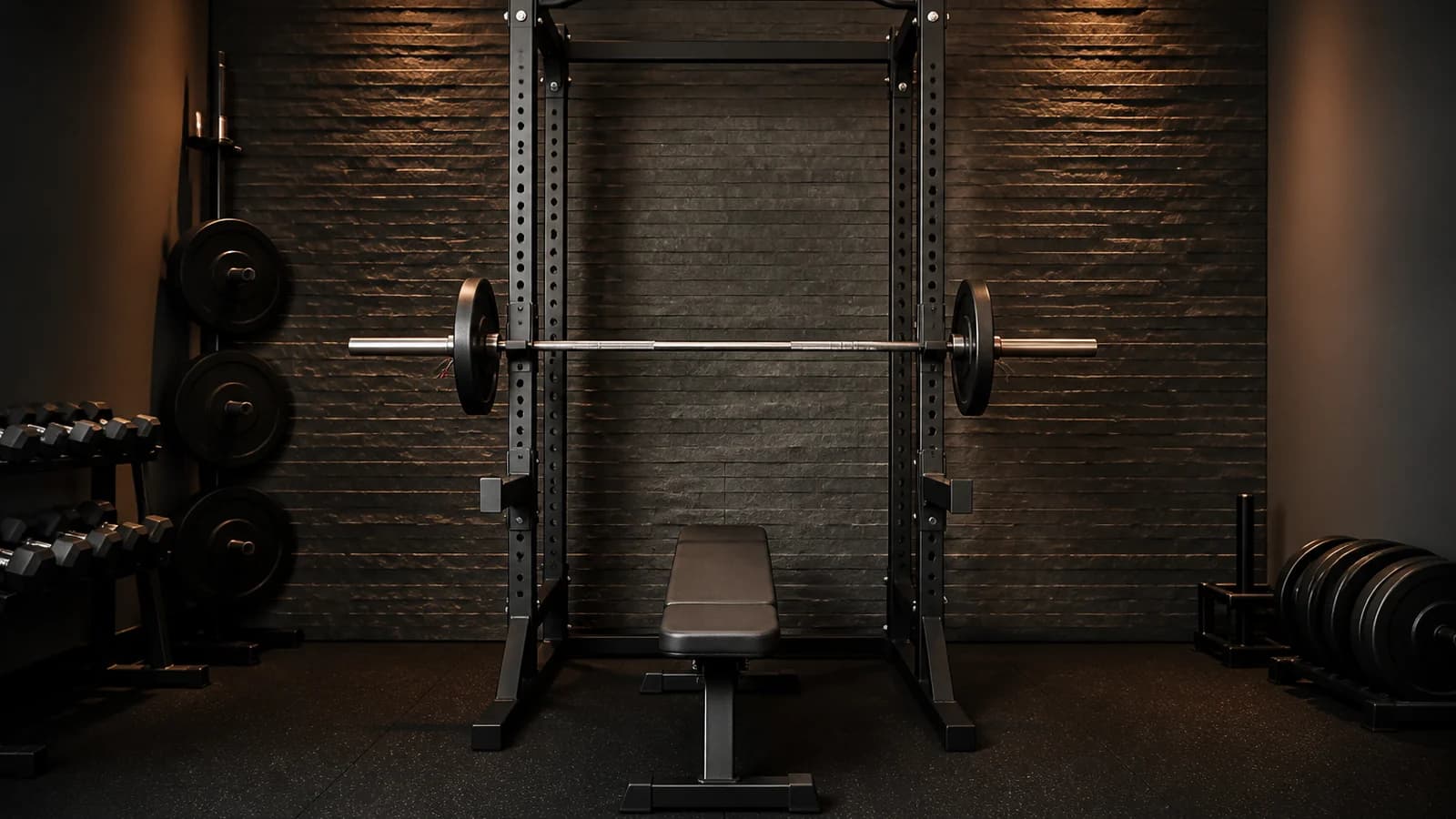 Private strength-training station with a rack, barbell, bench and weight plates