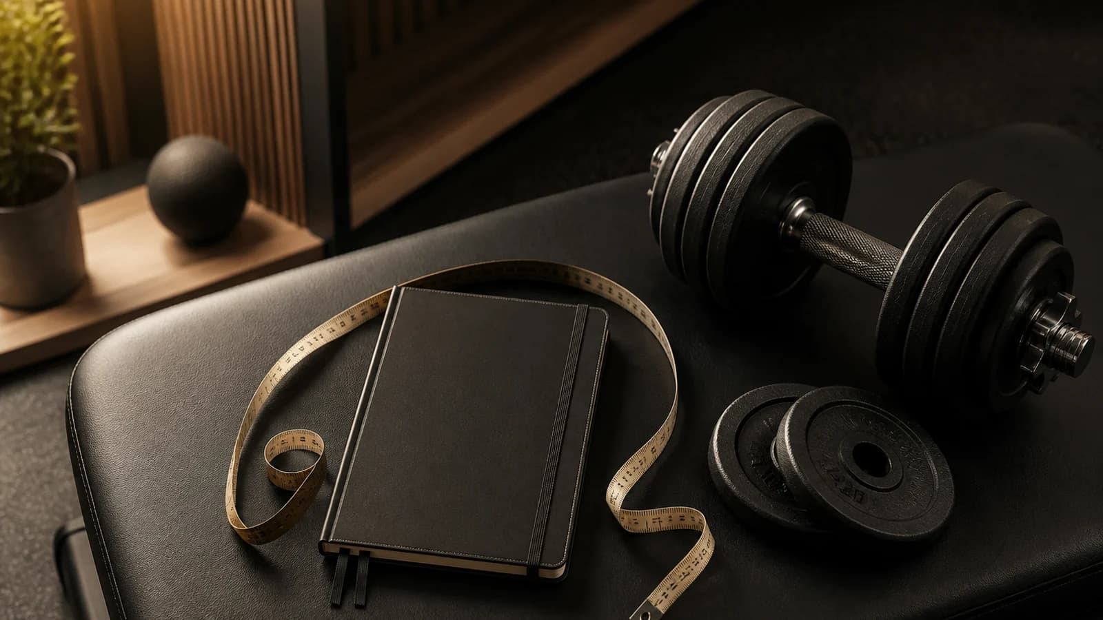 Body-composition journal with a measuring tape, adjustable dumbbell and weight plates