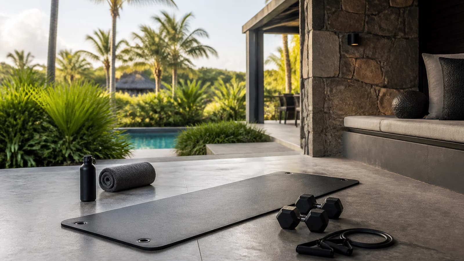 Private travel-fitness setup with dumbbells, mat and resistance tubes on a villa terrace