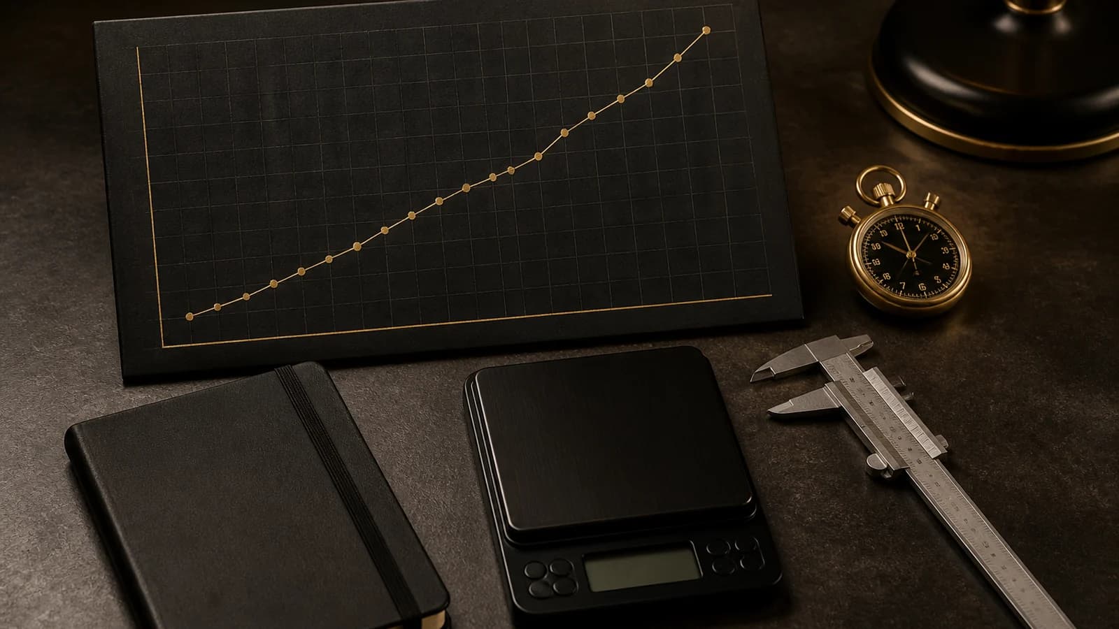 Progress assessment tools with an unlabelled graph, scale, stopwatch and training log